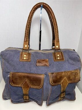 The Barrel Shack Owen Blue Canvas Brown Leather Messenger Bag
